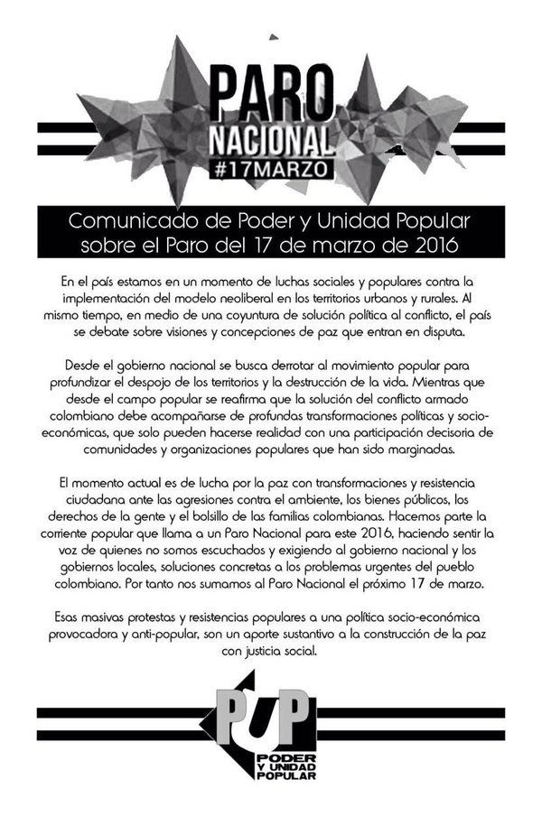 paro nacional en colombia 17 de marzo