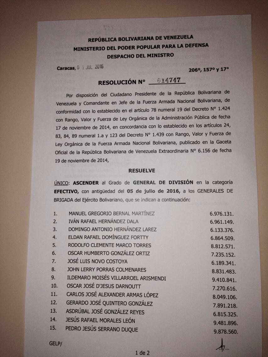Lista de Ascenso a Generales de División del Ejercito Bolivariano 2016