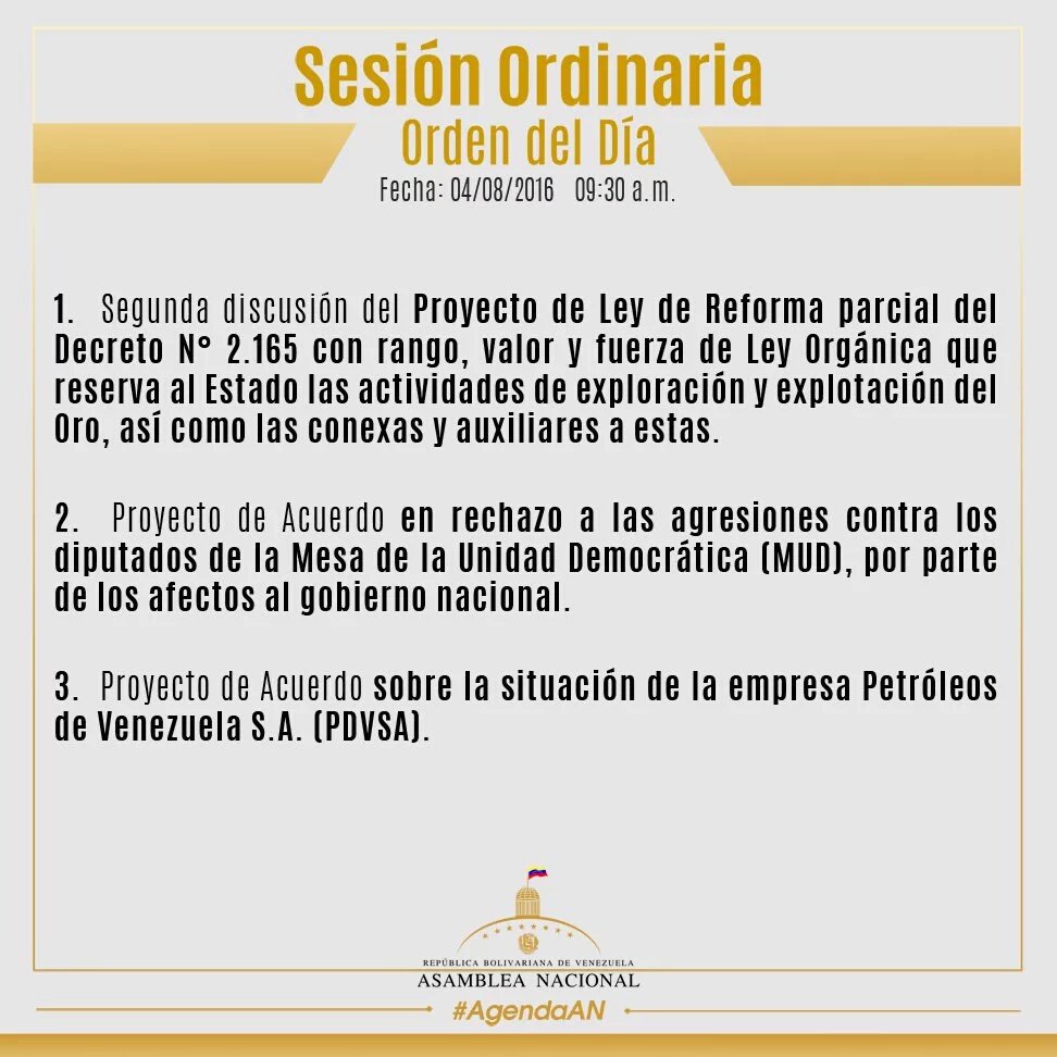 Orden del día de la Asamblea Nacional del Jueves 04 de Agosto de 2016