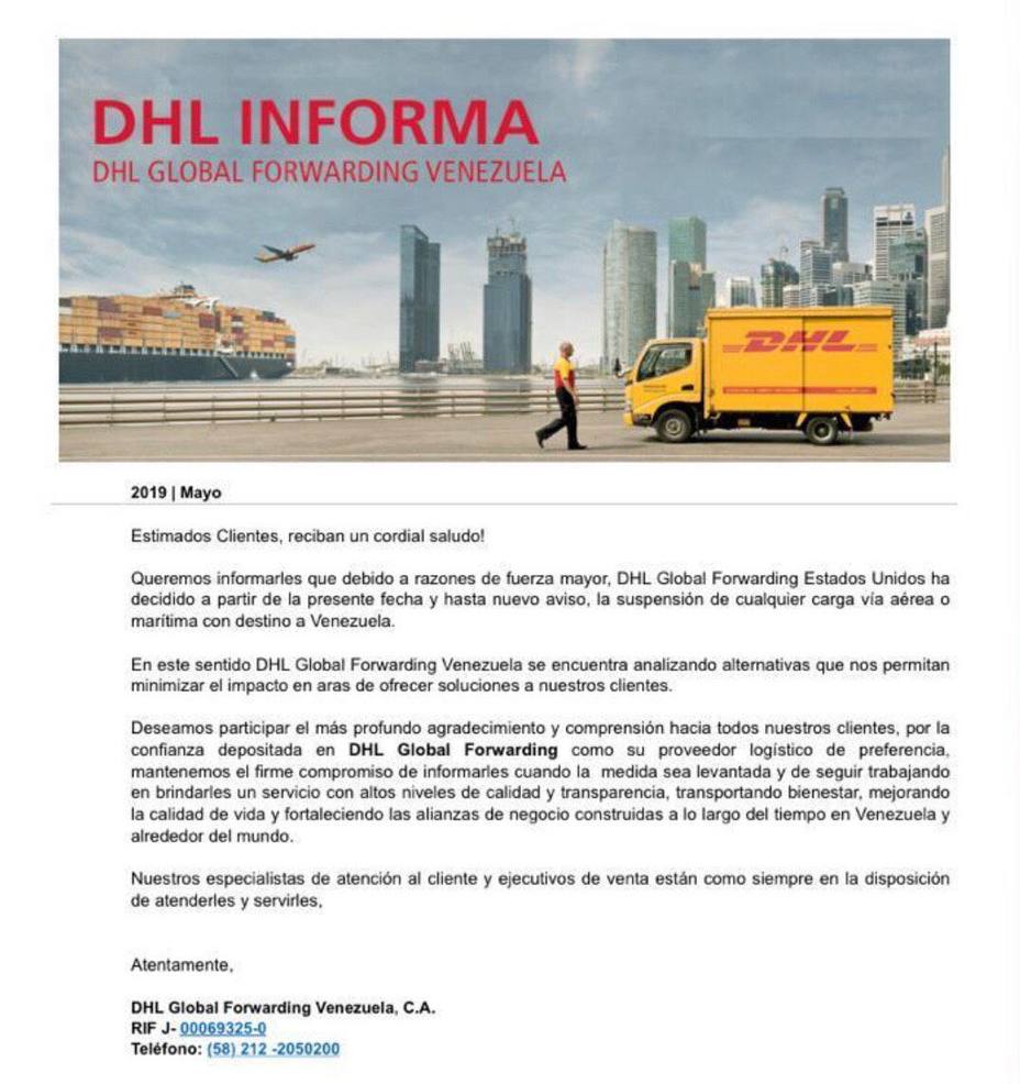 comunicado de dhl suspendiendo operaciones de eeuu a venezuela