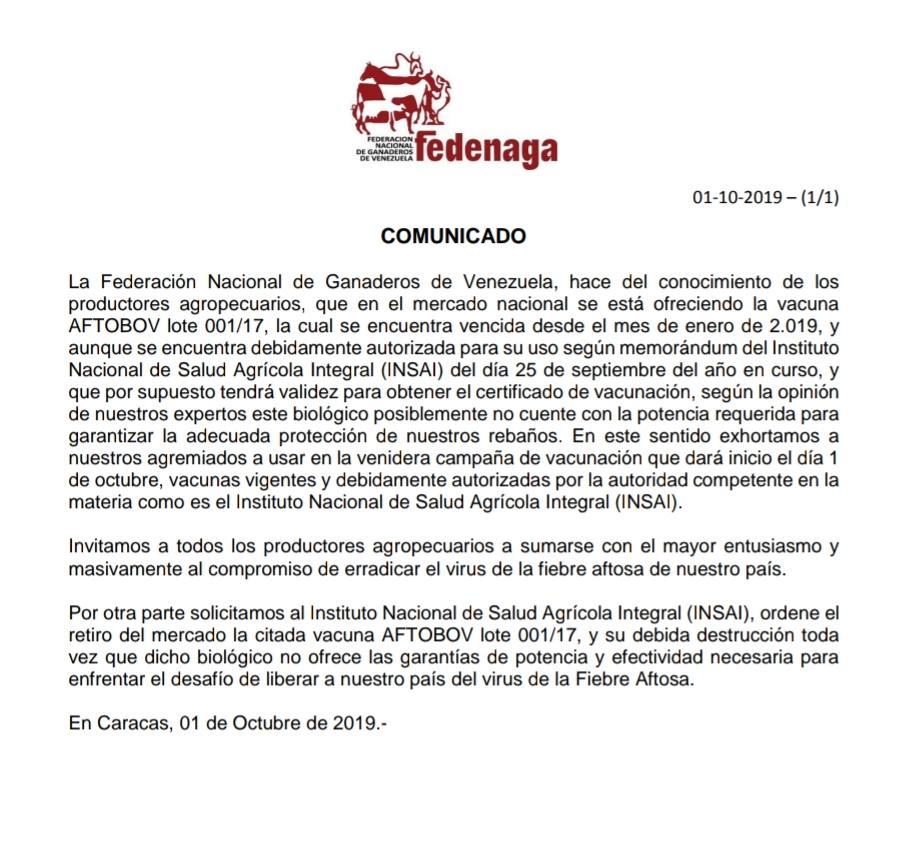Fedenaga llama a los productores a sumarse al compromiso de erradicar la Fiebre Aftosa