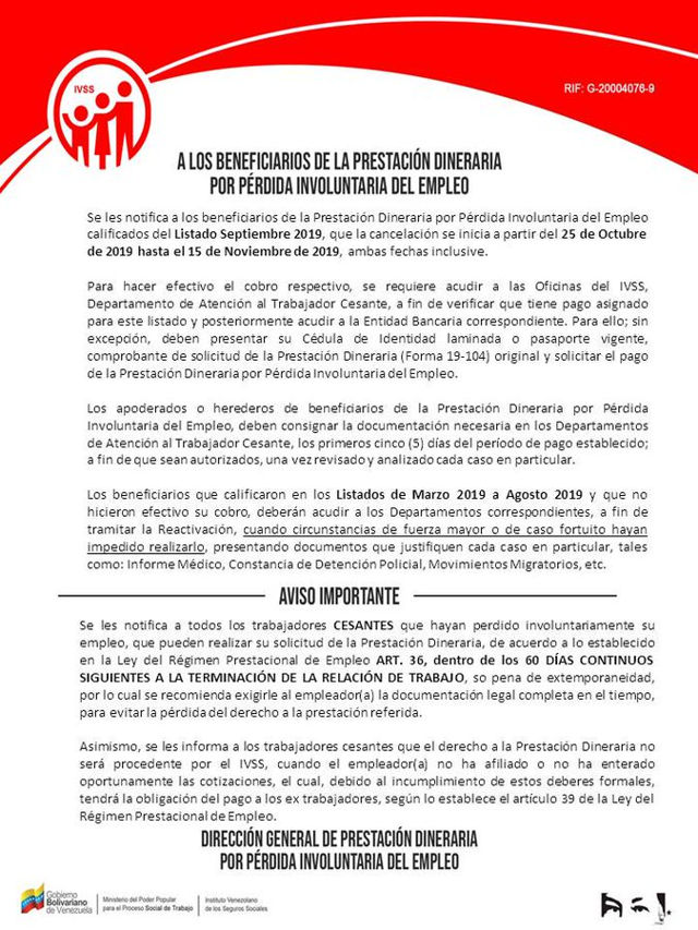 IVSS está pagando las Prestaciones Dinerarias