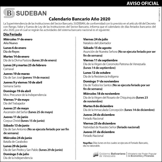 CALENDARIO BANCARIO VENEZOLANO 2020