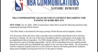 Comunicado de la NBA sobre lo sucedido a KOBE BRYANT y a su hija Gianna
