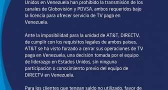 DirecTV cerró operaciones en Venezuela, Comunicado