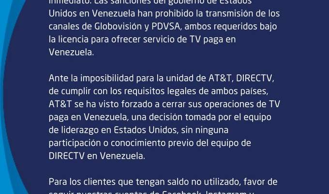 DirecTV cerró operaciones en Venezuela, Comunicado