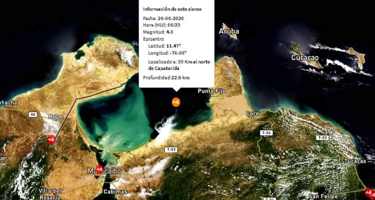 26JUN, VENEUELA: Sismo de 4.5 grados de Magnitud se registro al norte de Falcón