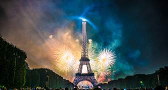 Feu d'artifice du 14 juillet 2017 depuis le champ de Mars à Paris, devant la Tour Eiffel, Bastille day 2017