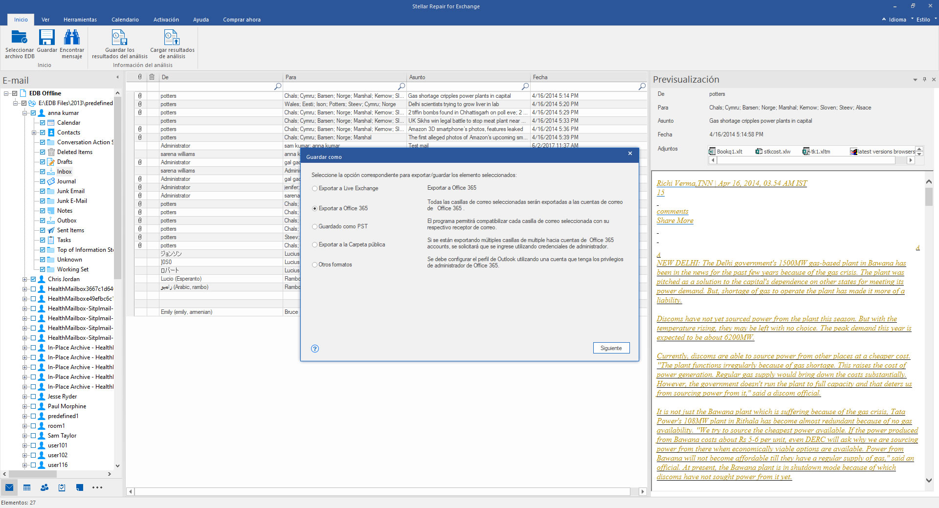 Exportando datos recuperados a Office 365