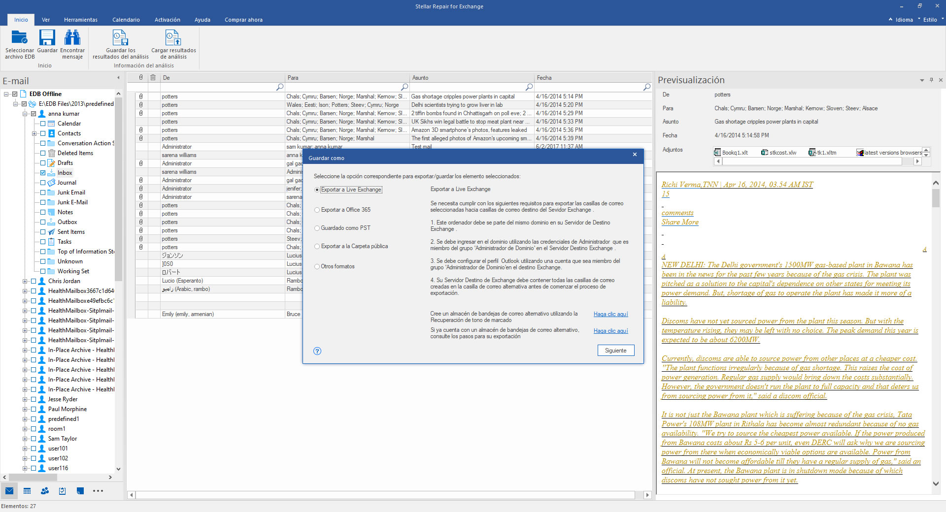 Exportando datos a Exchange