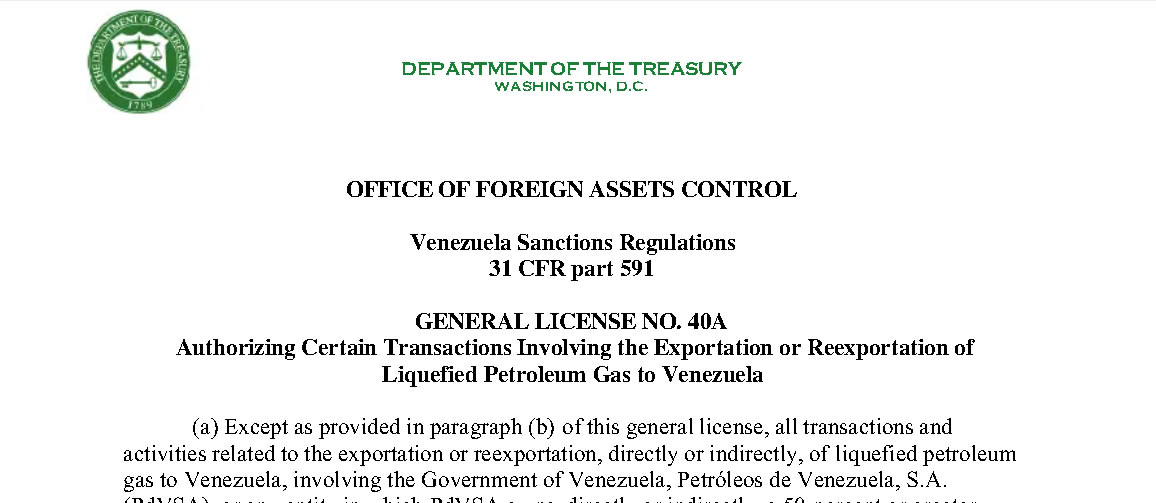 EEUU autorizó a Venezuela a exportar gas licuado del petróleo