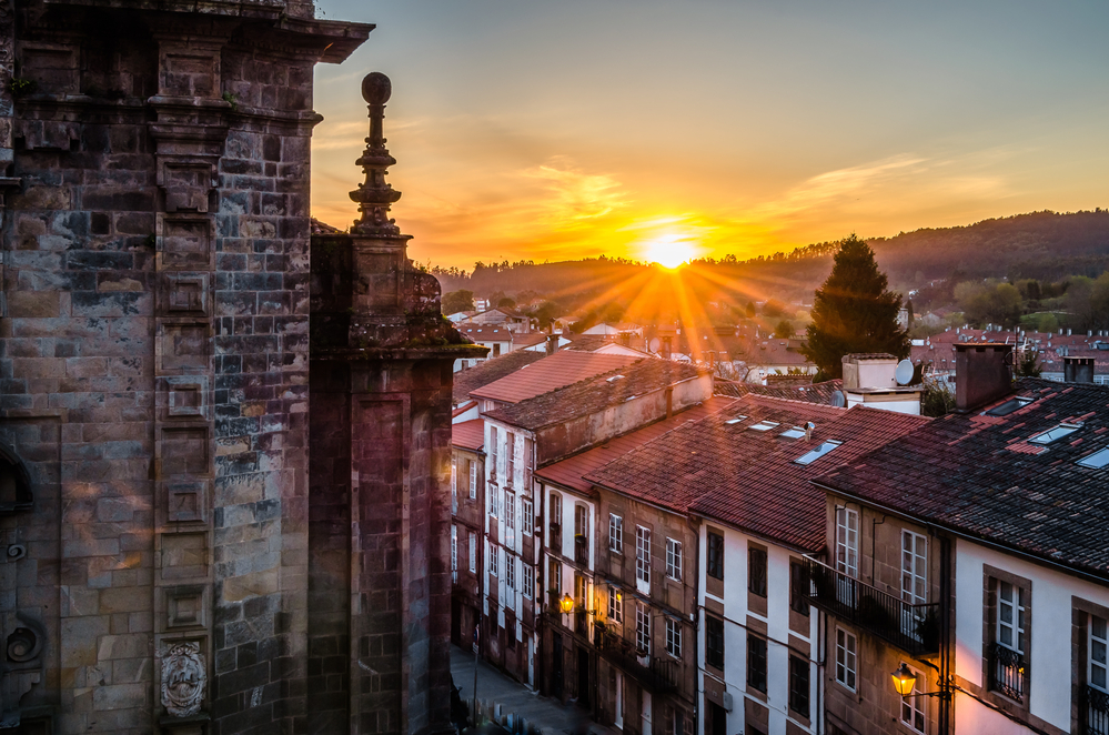 Santiago de Compostela cityscape at sunset, Spain