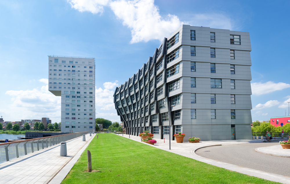Exterior of modern apartments in almere, netherlands. Almere is the youngest city in the netherlands and lies completely below sea level (2 to 5 meters)