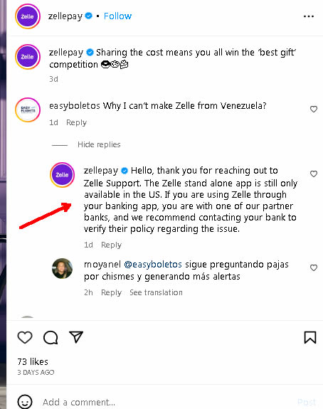 La gente de la App Zelle respondió las consultas de los usuarios sobre la situación en #Venezuela indicando que se mantienen de forma independiente SOLO para #EEUU si el usuario accede desde la App de su banco debe contactar al soporte de la entidad financiera.