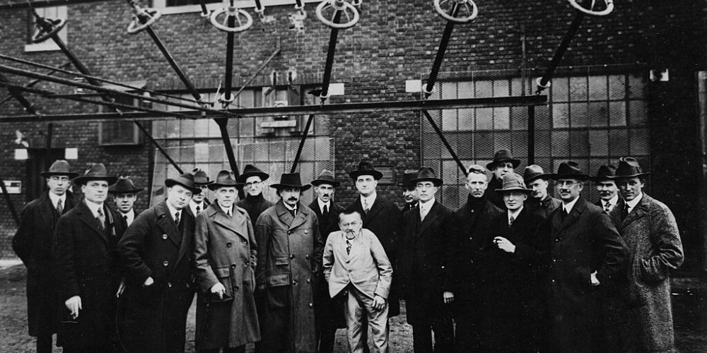 An April 23, 1921 photograph of Albert Einstein being given a tour of the Radio Corporation of America (RCA) Brunswick New Jersey wireless station along with leading RCA scientists and officers, as well as engineers and scientists from the General Electric Company, American Telephone and Telegraph Company, and Western Electric Company.