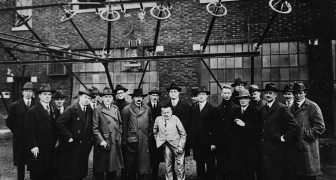 An April 23, 1921 photograph of Albert Einstein being given a tour of the Radio Corporation of America (RCA) Brunswick New Jersey wireless station along with leading RCA scientists and officers, as well as engineers and scientists from the General Electric Company, American Telephone and Telegraph Company, and Western Electric Company.