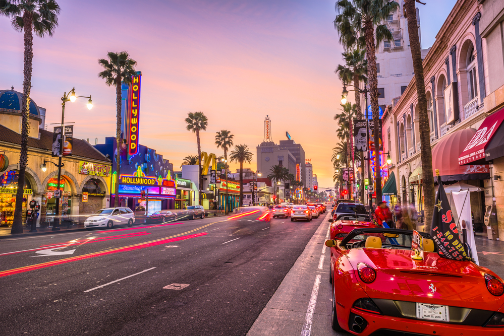 LOS ANGELES, CALIFORNIA,Traffic on Hollywood Boulevard at dusk. The theater district is a famous tourist attraction.