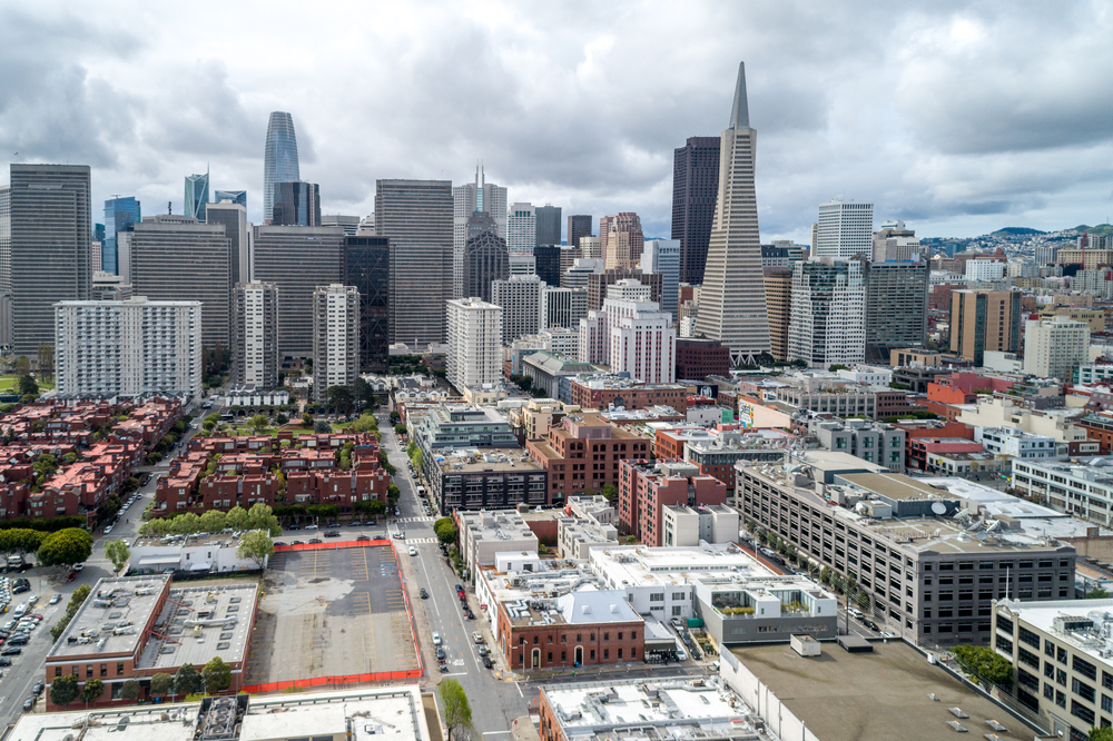 San Francisco Cityscape. Business District with Skyscraper in Background. Financial District. California. Drone Point of View.
