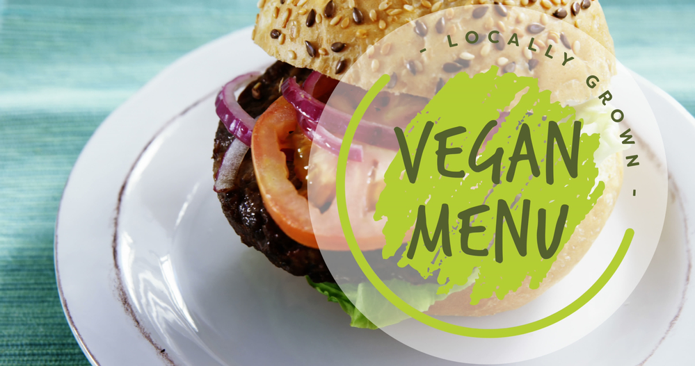 Composite of vegan menu text over vegan burger on white plate. Vegan, healthy eating and food concept digitally generated image.
