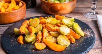 Brussels sprouts fried chicken breast and potatoes