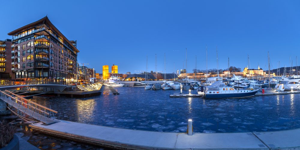 OSLO, NORWAY - : Panoramic view of marina with Akershus Fortress and City hall