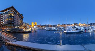 OSLO, NORWAY - : Panoramic view of marina with Akershus Fortress and City hall