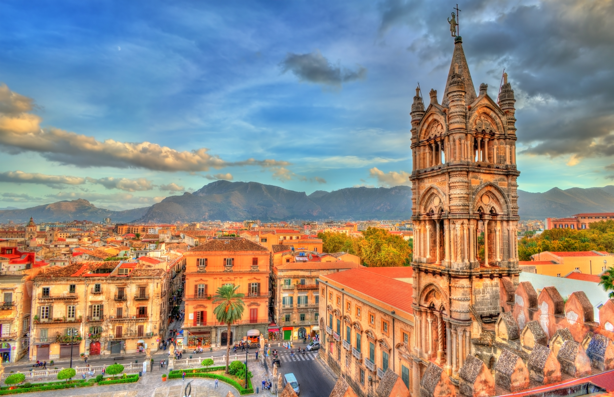 Tower of Palermo Cathedral at sunset. A UNESCO heritage site in Sicily, Italy