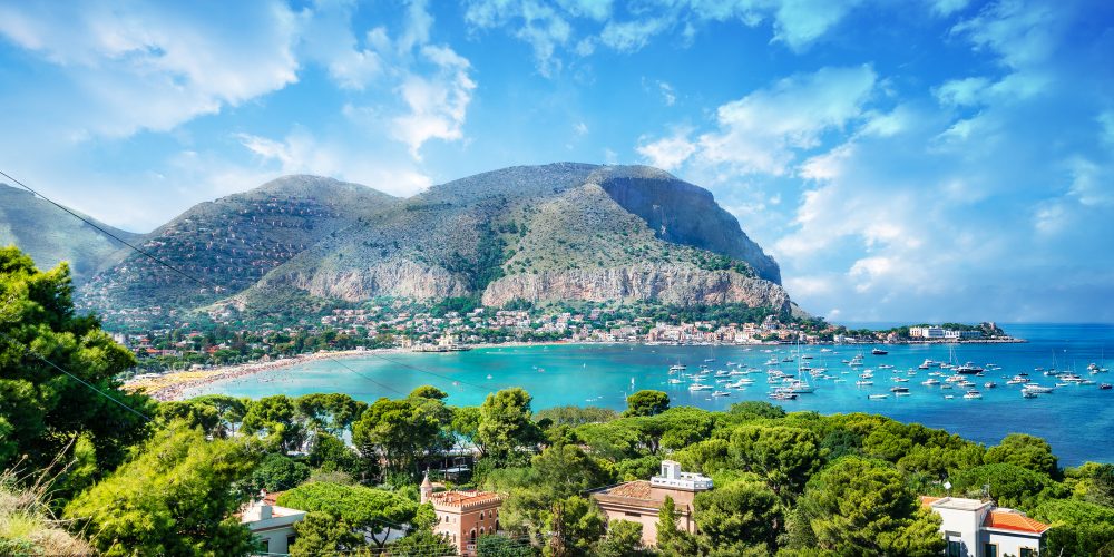 View of the gulf of Mondello and Monte Pellegrino, Palermo, Sicily island, Italy