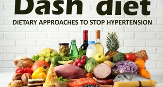 Dash diet (Dietary approaches to stop hypertension). Many different healthy food and drinks on white table