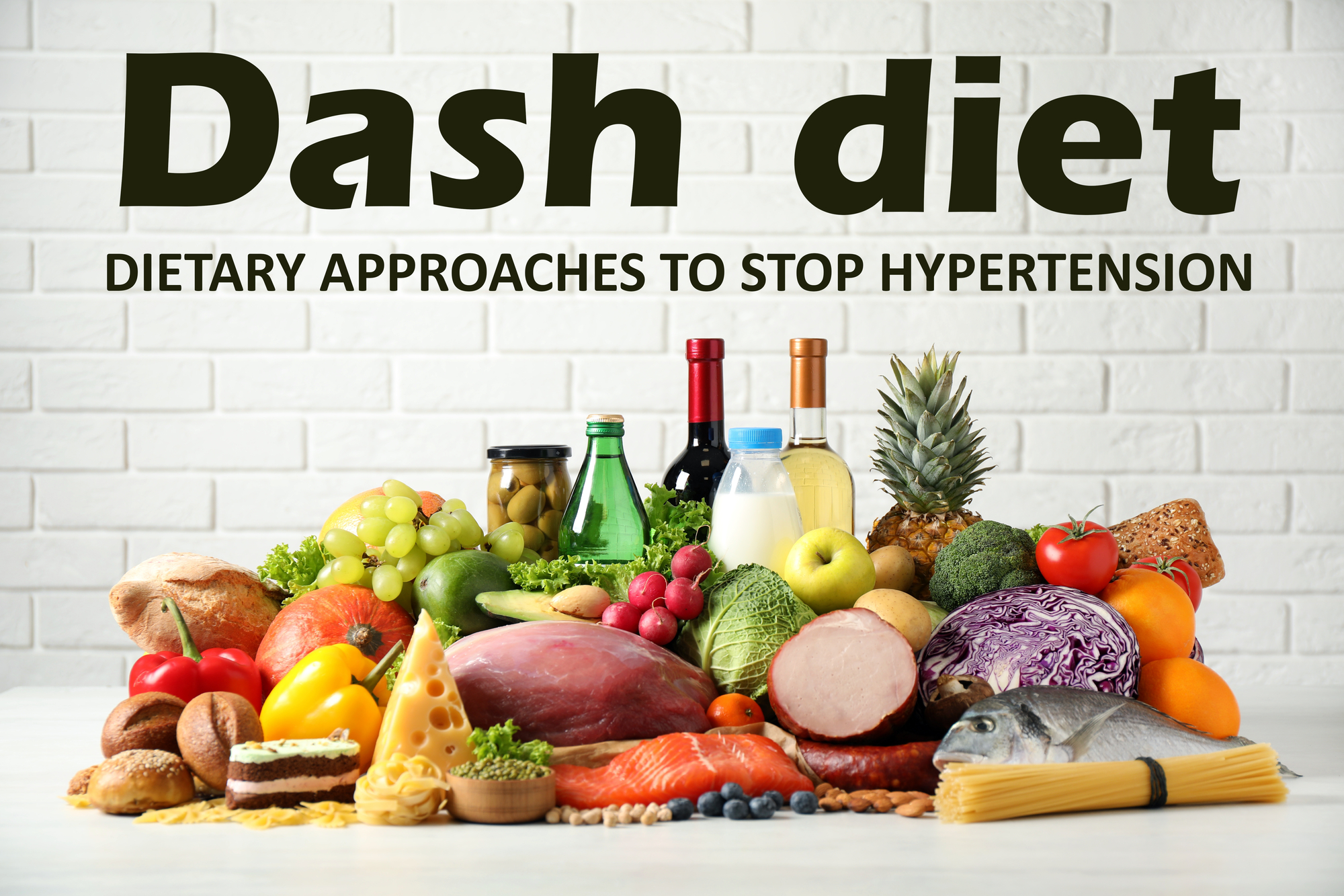 Dash diet (Dietary approaches to stop hypertension). Many different healthy food and drinks on white table