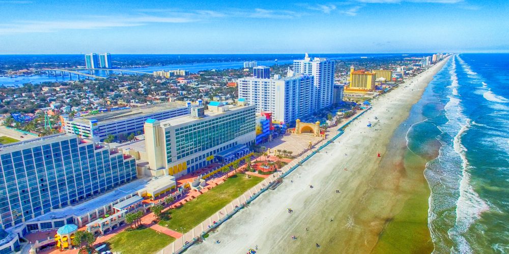 Daytona Beach along the Atlantic Sea, Florida aerial view.