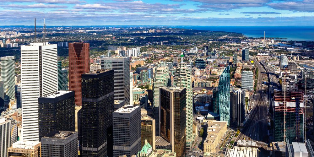Panoramic aerial view of Toronto in a sunny day, Ontario, Canada