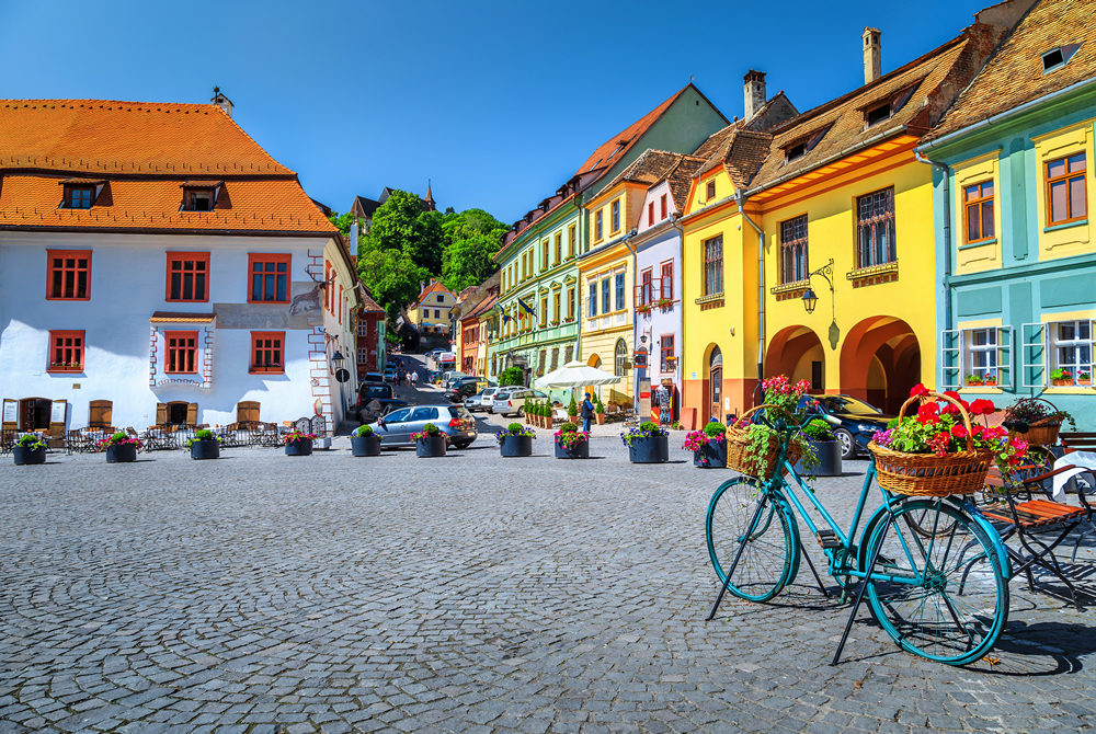 Famous medieval street cafe bar Sighisoara