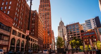 Street view from the downtown of Detroit MI, USA