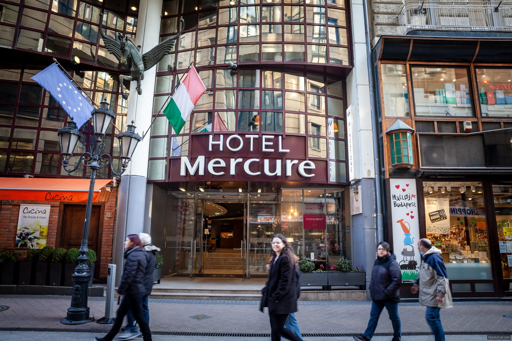 BUDAPEST, HUNGARY - FEBRUARY 26, 2022: Mercure Hotel logo on their main hotel for Budapest. Mercure Hotels is a hotel chain of the Accorhotel group.