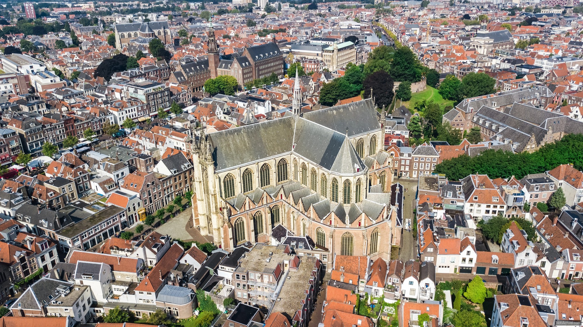 Aerial drone view of Leiden town cityscape