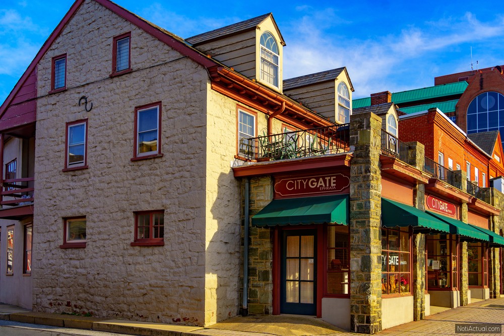 Ephrata, PA / USA - December 23, 2019: An older stone building in the downtown business district on the main street in the Borough in Lancaster County.